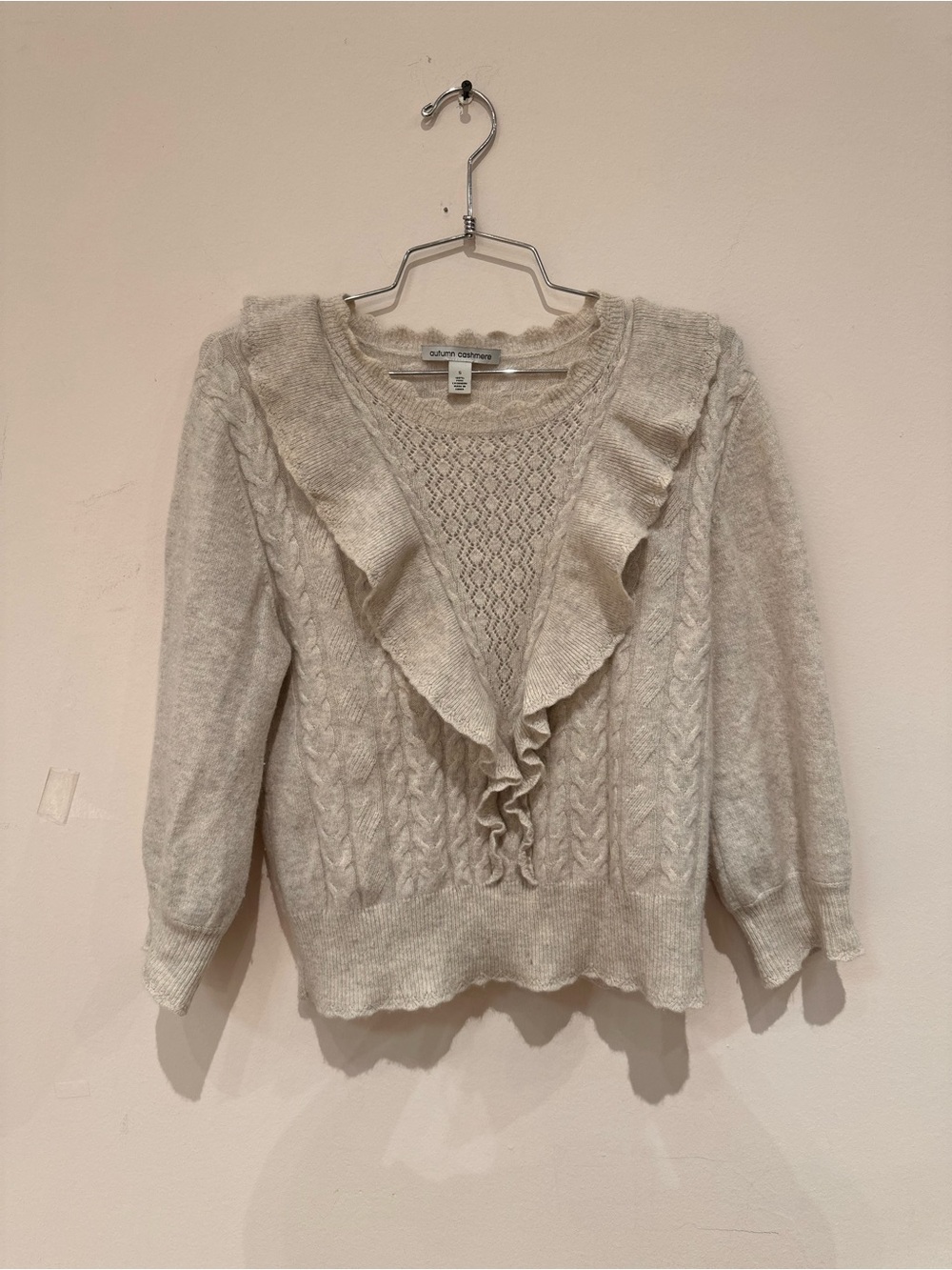 Autumn Cashmere Cream Ruffle Cable-Knit Sweater